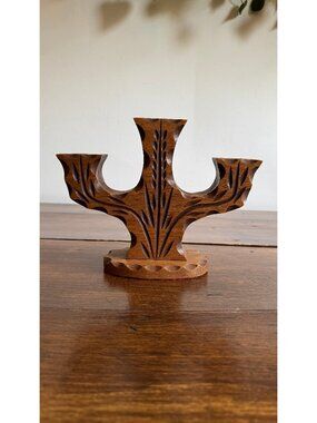 Vintage Wood Folk Art Carved Candelabra